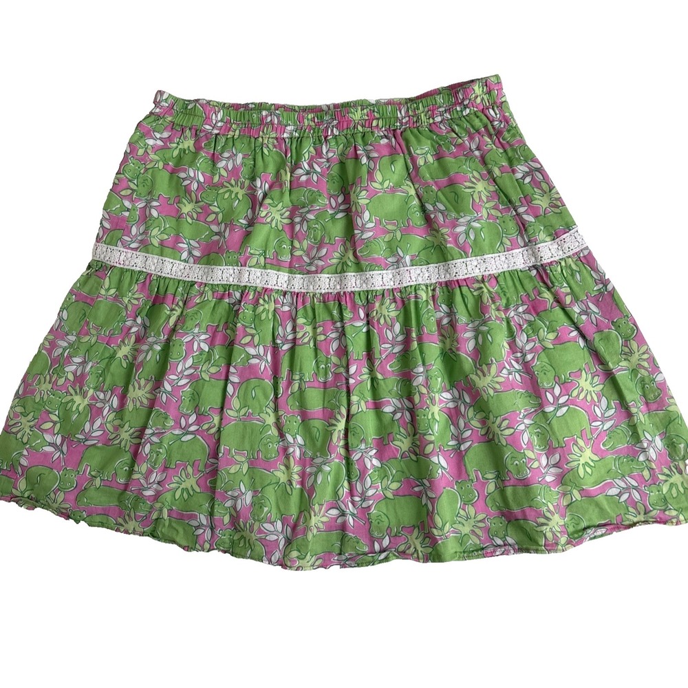 Vintage Lilly Pulitzer Skirt Girl 16 Elastic Waist Green Hippo Tropical Preppy